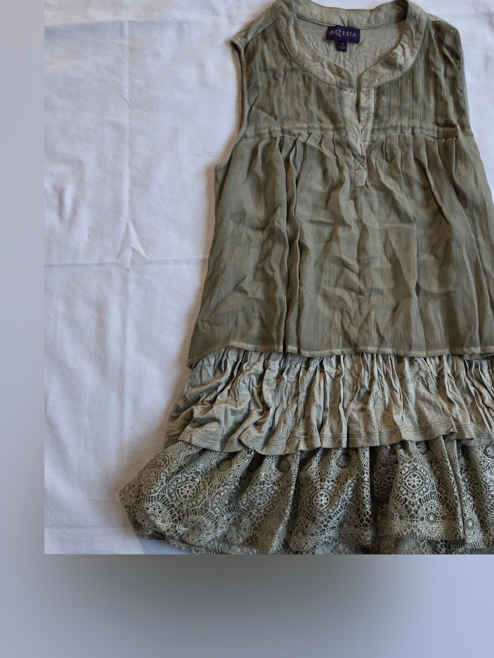 Olive Sleeveless Lace-Tiered Blouse
